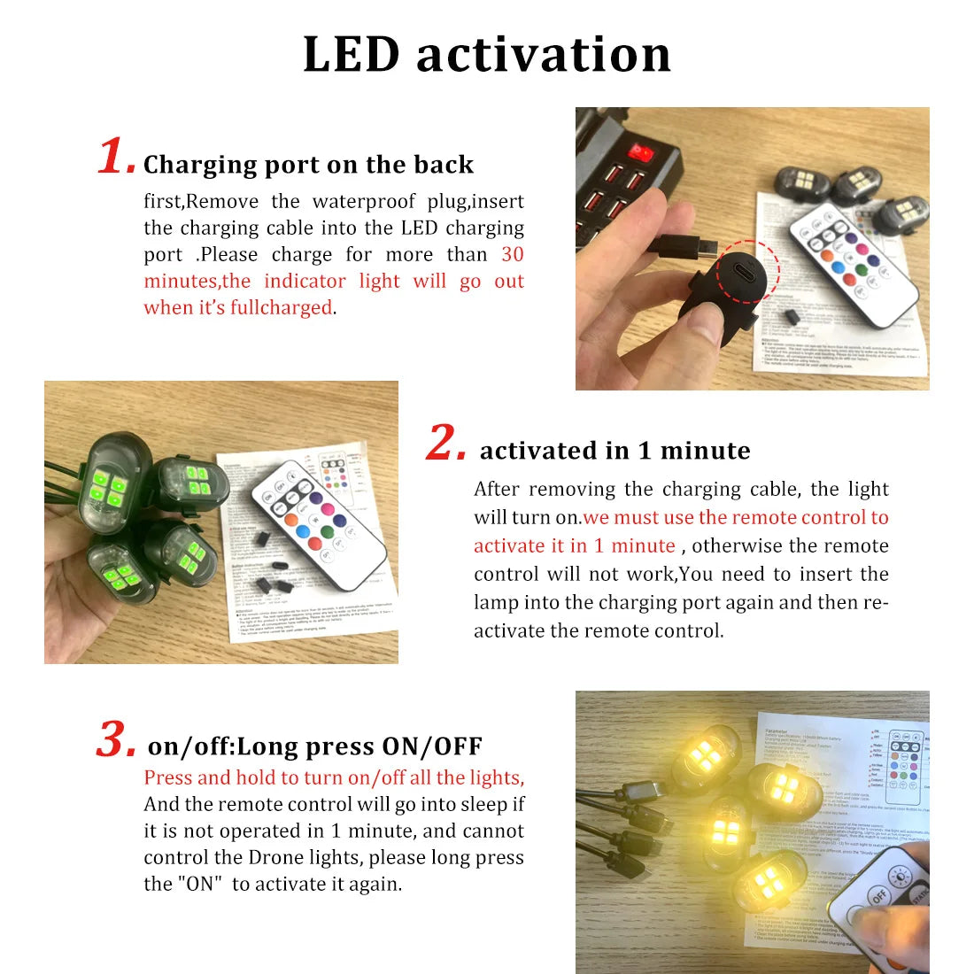 LED activation and charging instructions