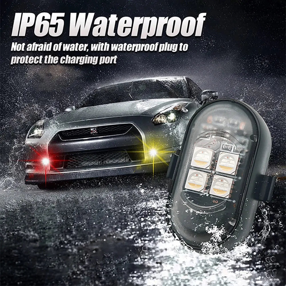 IP65 waterproof LED strobe pod in rain on car exterior