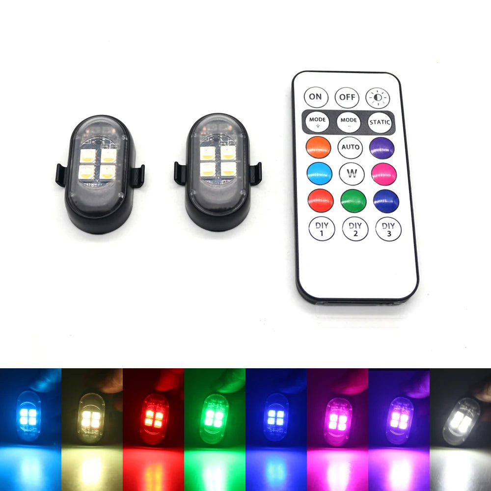 Aureon wireless LED strobe pods with remote showing 8 color options
